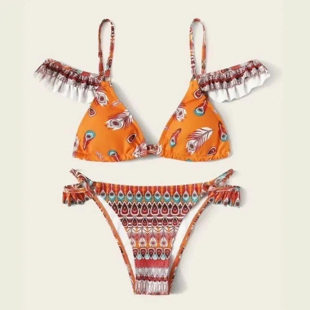NEW! Boho Ruffled Feather Print Ruffle Triangle Bikini - Picture 5 of 10